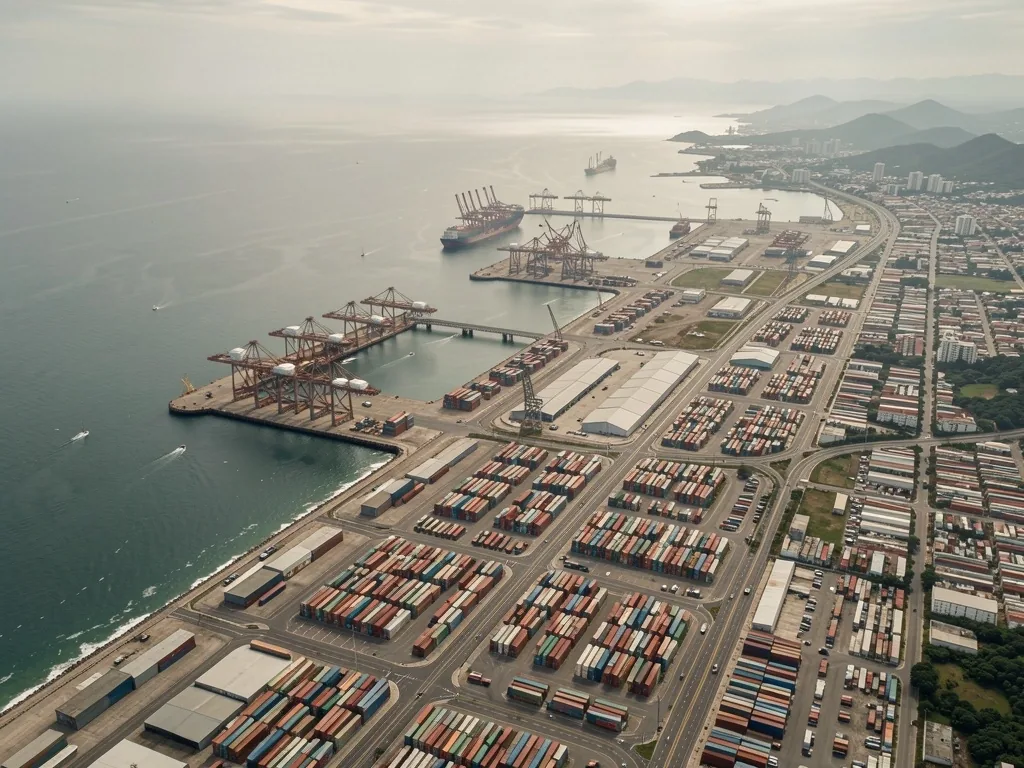 Vista aérea de infraestructura portuaria en la costa Caribe colombiana